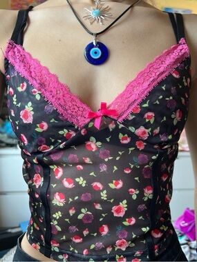 Sheer Black Floral Lace Cami with Pink Trim